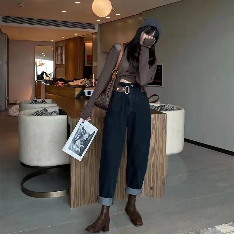 不规则搭配皮带牛仔裤女2021年秋冬新款高腰翻边修身松紧哈伦长裤