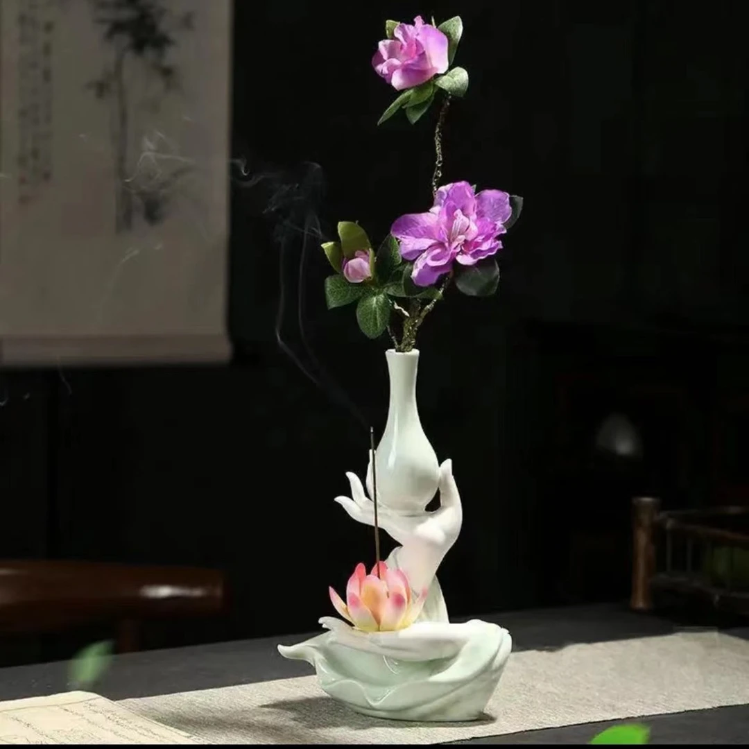 陶瓷 青瓷观音佛手托瓶可作花瓶新中式装饰创意白瓷立体装饰摆件