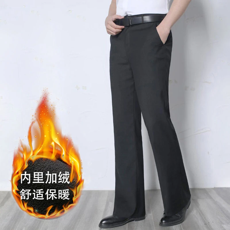 冬厚款加绒保暖直筒西裤男弹力高腰喇叭裤阔腿休闲免烫垂感西装裤
