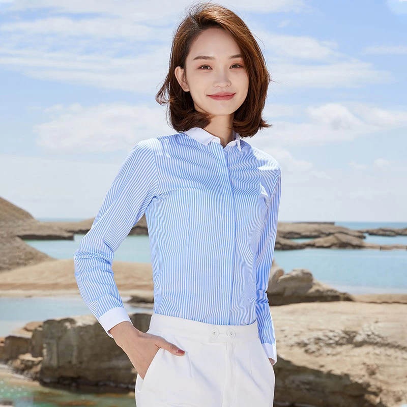 【纯棉条纹衬衫】长袖蓝色衬衫女职业通勤百搭气质上衣时尚修身衬衣