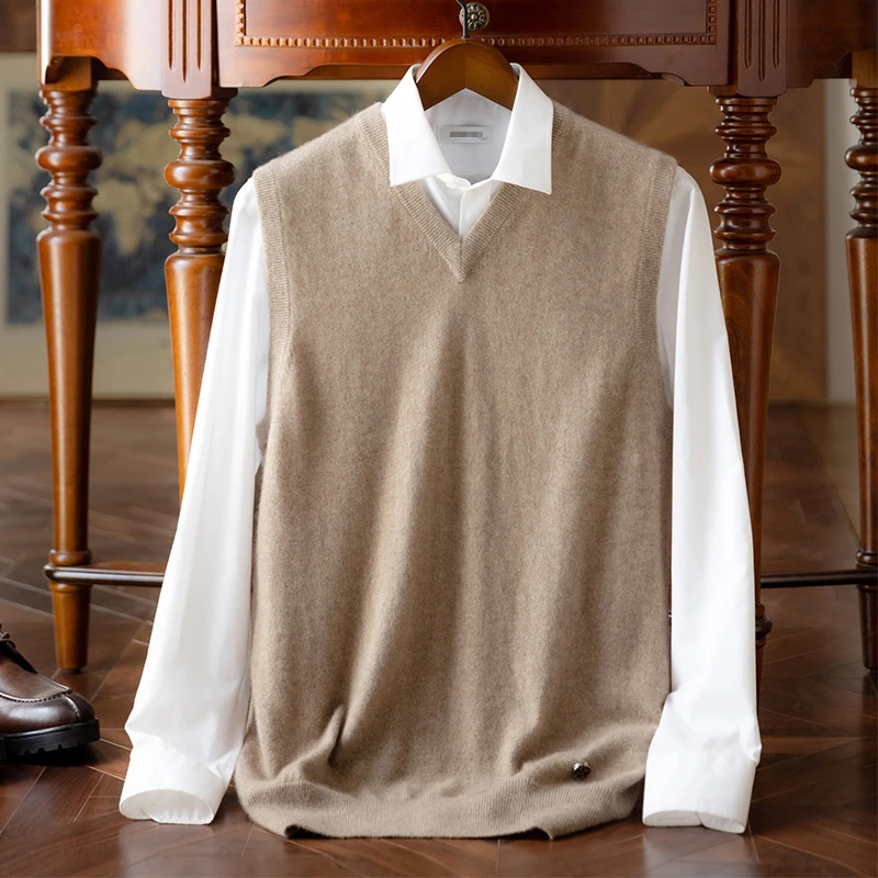 秋冬装纯羊绒男士V领马甲打底针织衫纯色套头宽松毛衣休闲2108Y