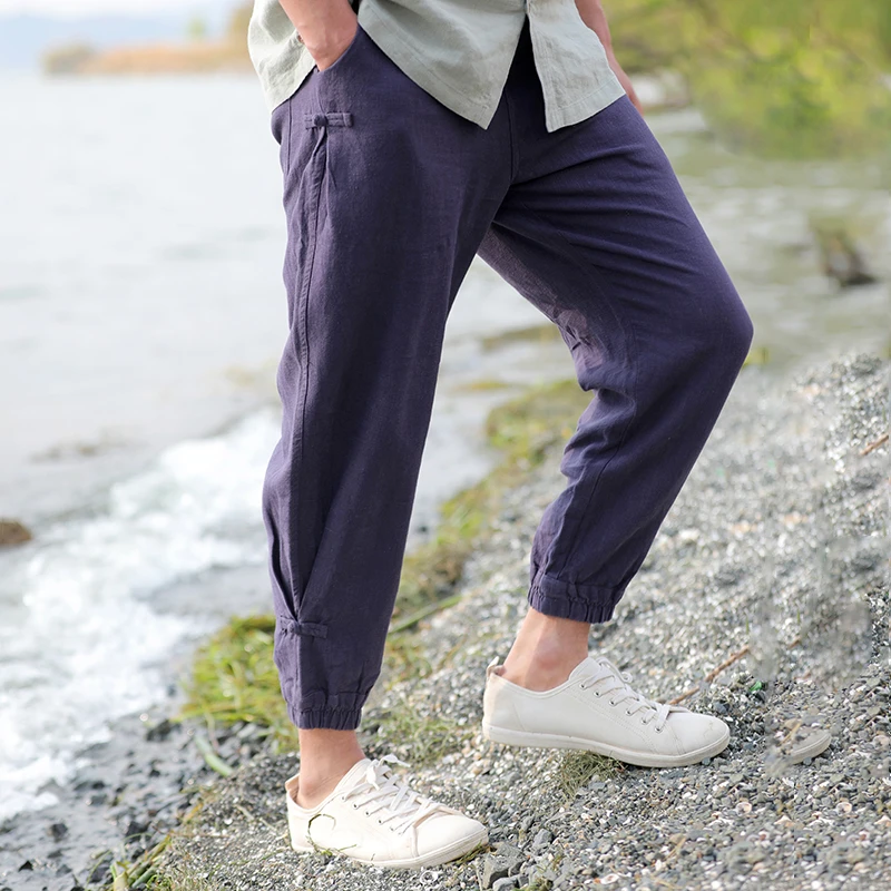 楠麻中国风七分裤男装夏季薄款休闲宽松大码短裤苎麻裤子盘扣风影