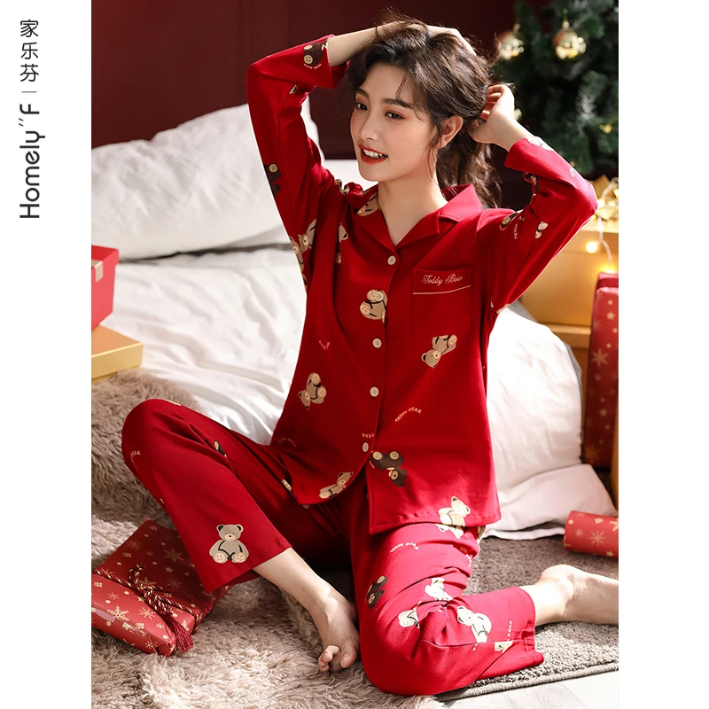 家乐芬春秋新款纯棉全棉长袖女士结婚本命年大红色睡衣家居服套装
