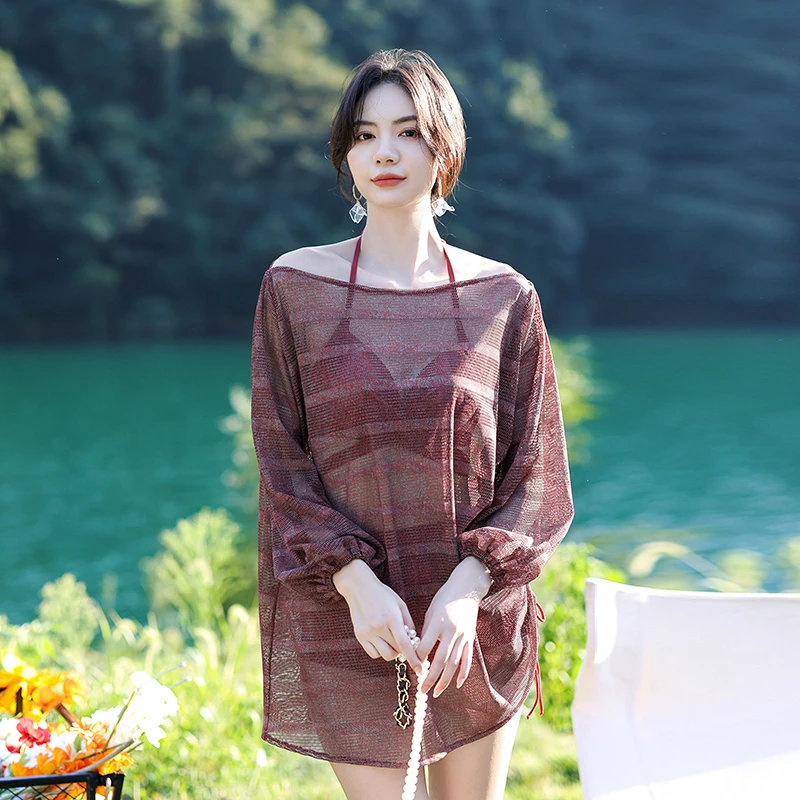 【汐歌儿】分体比基尼三角宽松复古长袖防晒三件套游泳海边女士泳衣