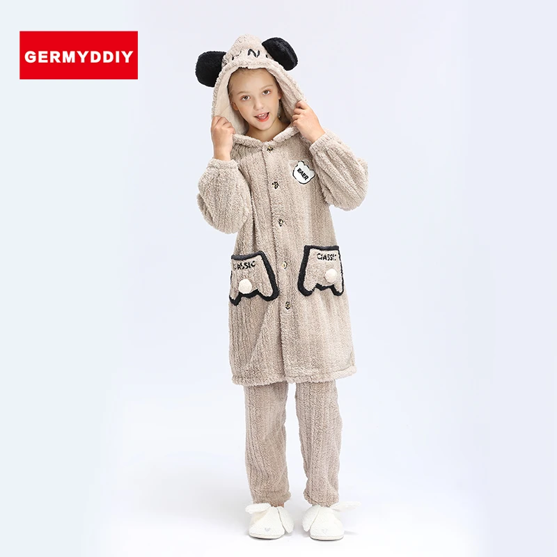 GERMYDDIY/哥唛迪女童秋冬睡衣套装法兰绒中长款加厚连帽可爱居家
