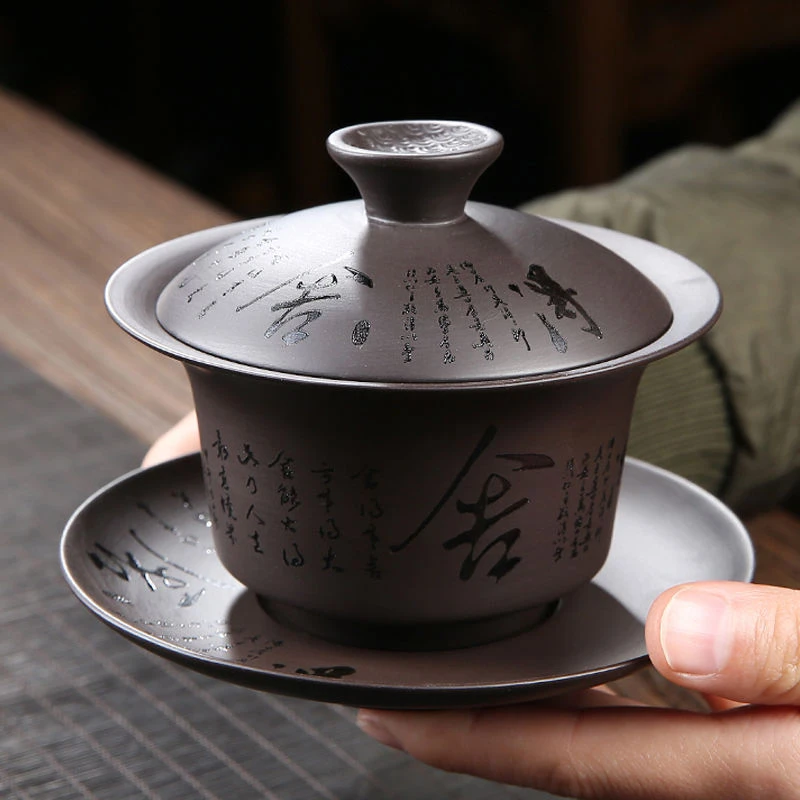 紫砂三才盖碗功夫茶具大号茶碗家用复古泡茶盖碗茶具不烫手盖碗