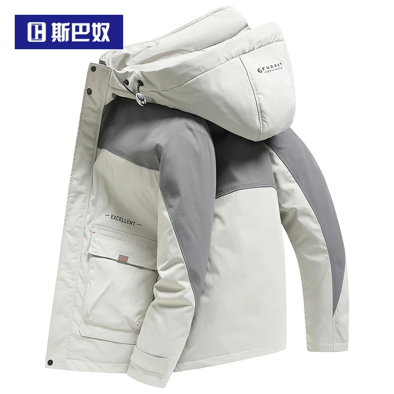 斯巴奴加厚工装羽绒服男短款2024冬季新款连帽休闲白鸭绒品牌外套