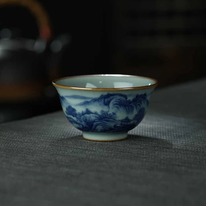 景德镇高端家用陶瓷茶具可养山水撇口主人杯茶杯青花瓷收藏品茗杯