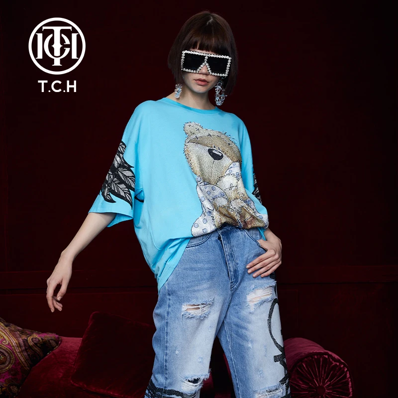 TCH轻奢烫钻工艺新时尚休闲百搭潮流圆领T恤女T212106079私服tch