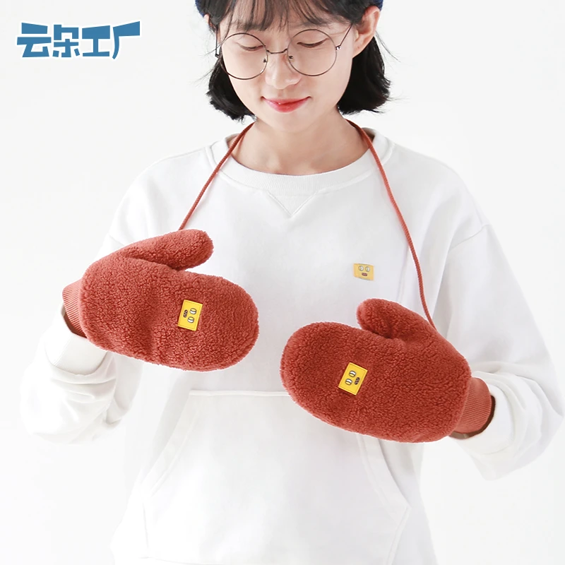 云朵工厂 小黄脸毛绒手套女秋冬季户外保暖可爱挂脖连指全指手套