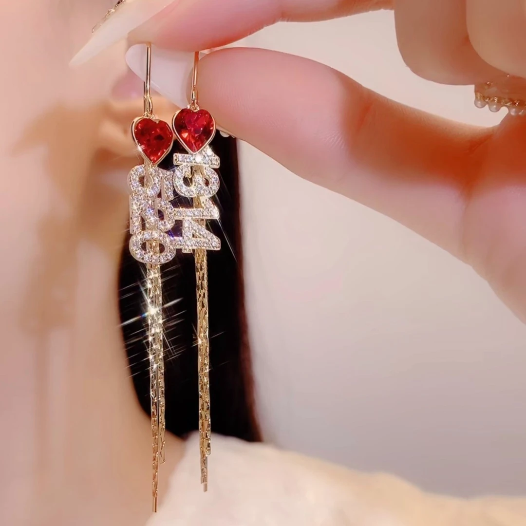 铜合金耳饰 时尚5201314红色爱心防丢耳线气质设计款百搭耳饰