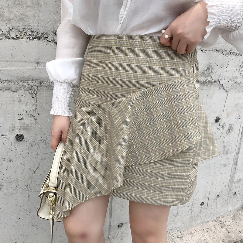 大码女装短裙半身裙复古格纹显瘦不规则裙子9794