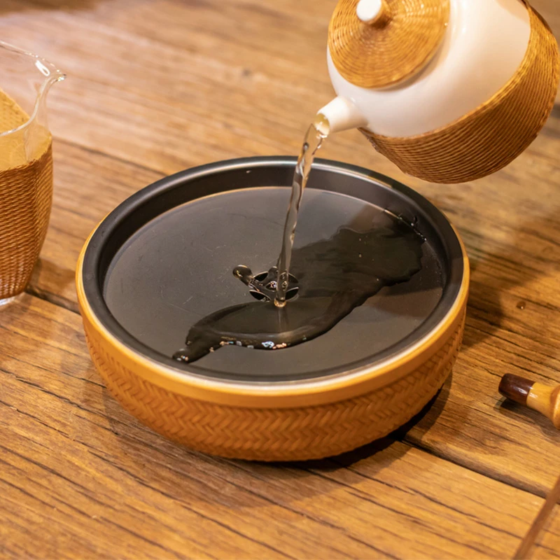 手工竹编储水式功夫茶盘瓷茶具中式家用干泡台圆形茶海茶台茶托盘