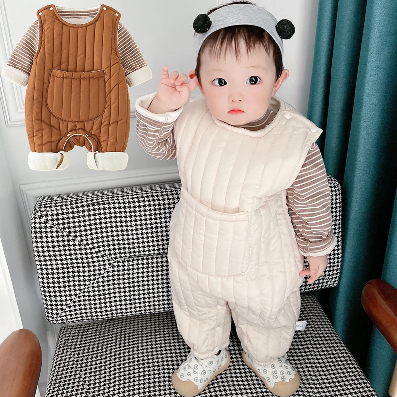 婴儿背带裤两件套装加绒加厚男女宝宝棉裤新生儿童保暖衣服秋冬季