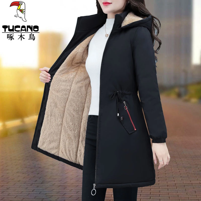 啄木鸟棉衣棉服女冬季2025新款中老年大码加绒加厚中长款外套棉袄