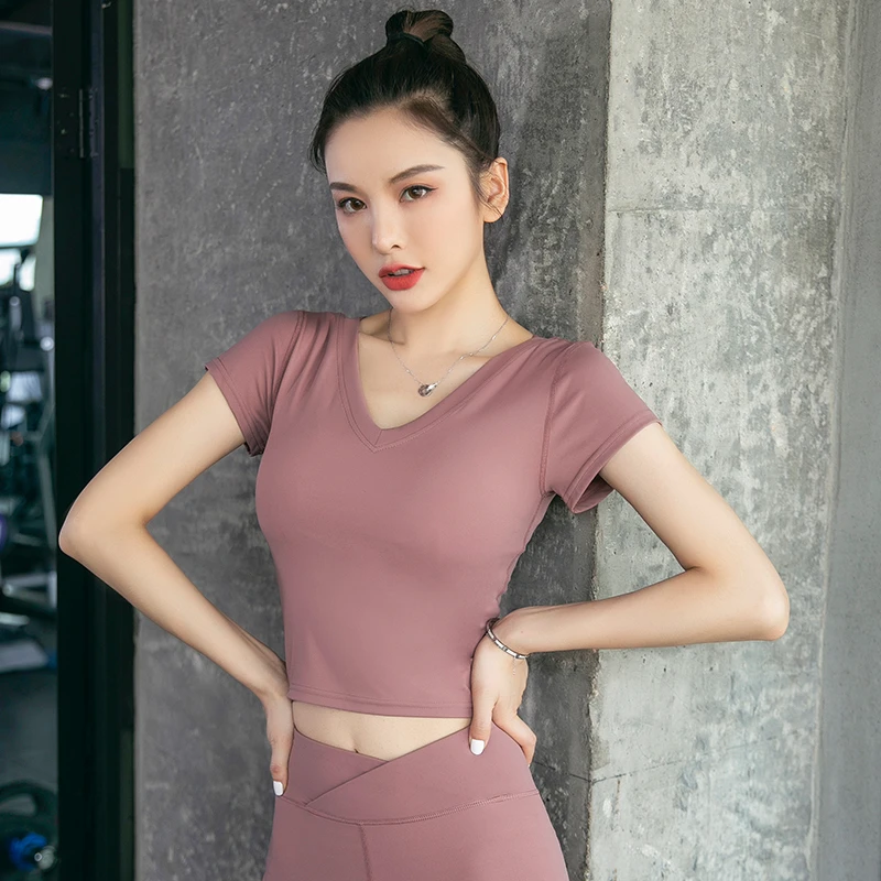 时尚薄款紧身显瘦专业速干健身上衣跑步运动瑜伽服套装短袖T恤女