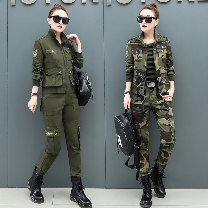 春秋女士户外运动军绿休闲劳保工作服工装军迷服装显瘦迷彩服套装