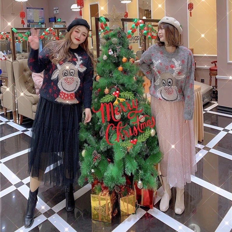 【钻石家大码-毛衣系列】手工钉珠圣诞小鹿胖mm针织衫毛衣 MS2029