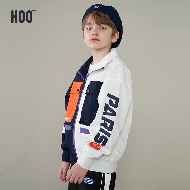 HOO中大童男童秋季新品拼接撞色时尚夹克外套上衣宽松时尚9686