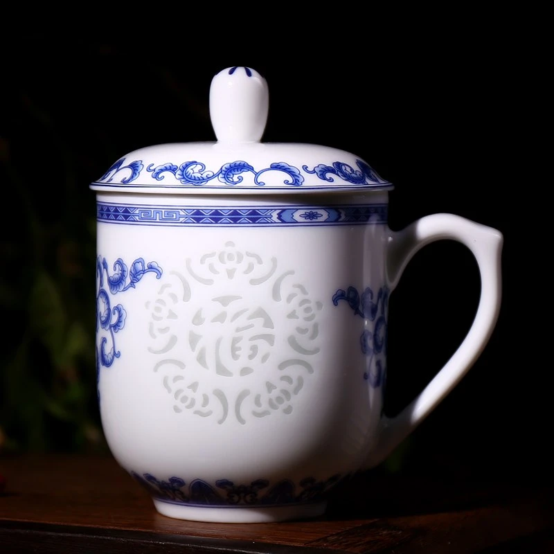 景德镇茶杯带盖陶瓷青花玲珑水杯家用个人办公会议杯定制LOGO文字