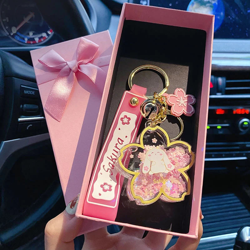 入油钥匙扣樱花小兔钥匙挂件亚克力创意车钥匙挂饰女生书包装饰品
