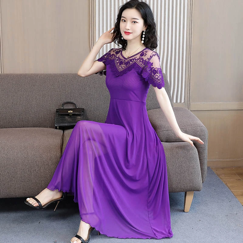 网纱连衣裙女夏长裙2025新款短袖过膝收腰显瘦大摆气质长款蕾丝裙