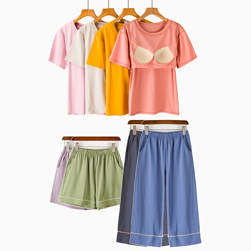 【冰瓷棉】夏棉薄款带胸垫宽松短袖家居服套装免穿文胸T恤短裤睡衣