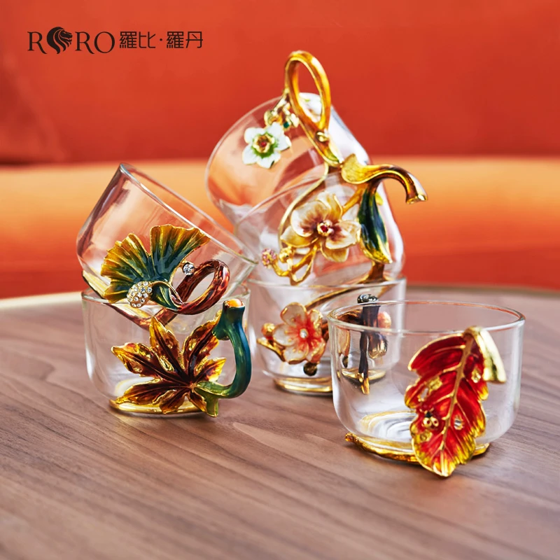 罗比罗丹 玻璃功夫茶具套装 创意珐琅彩花之语杯小茶杯带把杯礼品