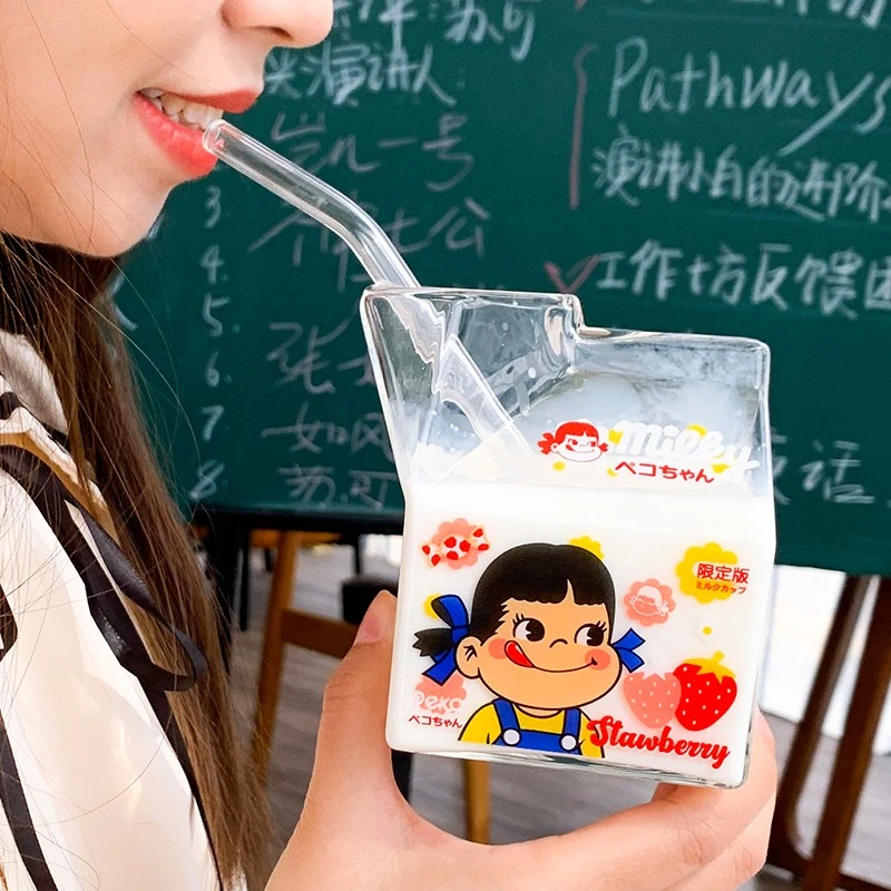 创意牛奶杯微波炉可加热牛奶盒方形水杯子学生家用早餐玻璃杯