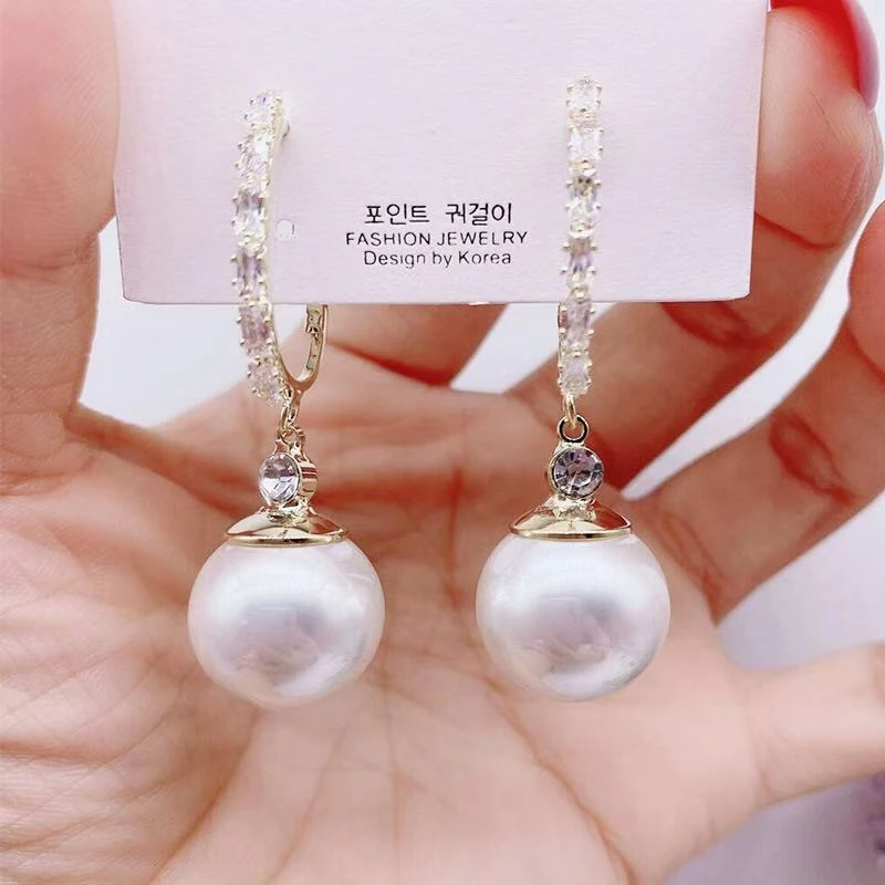 铜合金仿珍珠耳饰 【075号商品】白色百搭大气时尚气质强光长款耳环