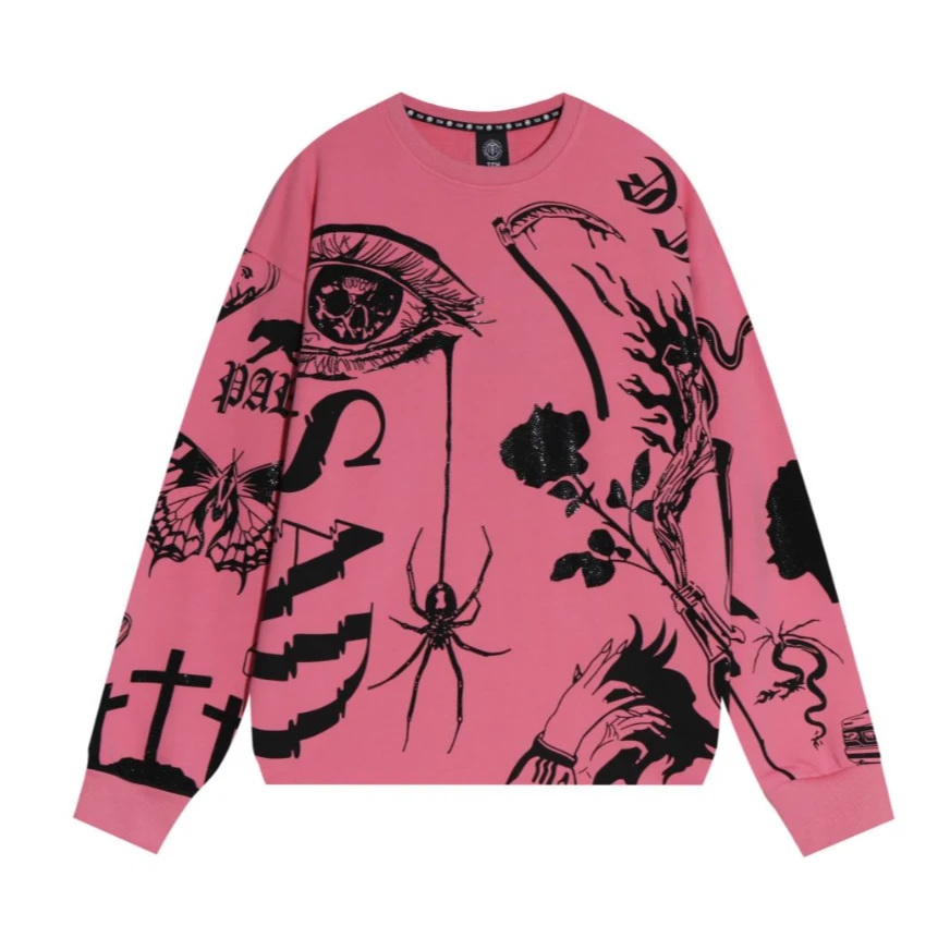 TCH轻奢烫钻工艺花卉粉色时尚百搭圆领卫衣女T21111C6019私服tch