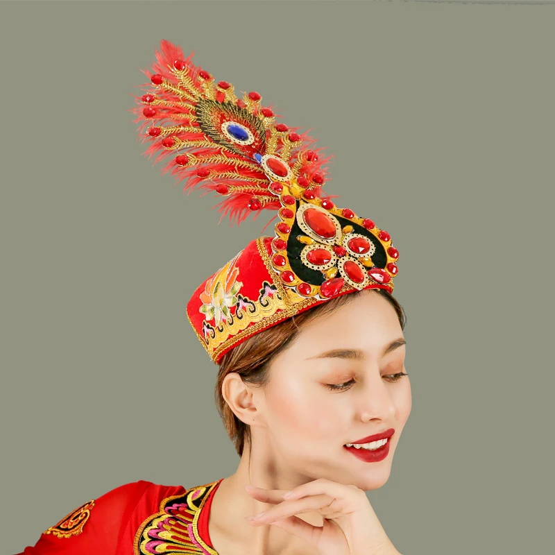 维吾尔族头饰正宗新疆舞女士帽子高档钻帽大羽毛舞帽维族舞演出帽