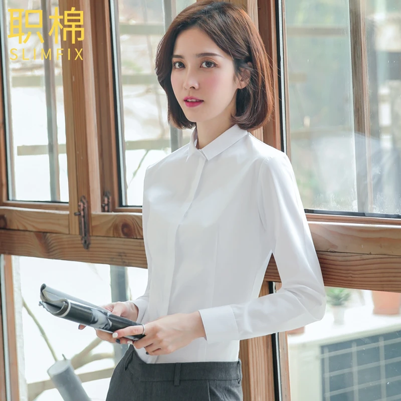 职棉白衬衫女职业小领面试正装工装工作服衬衣女春秋长袖气质上衣