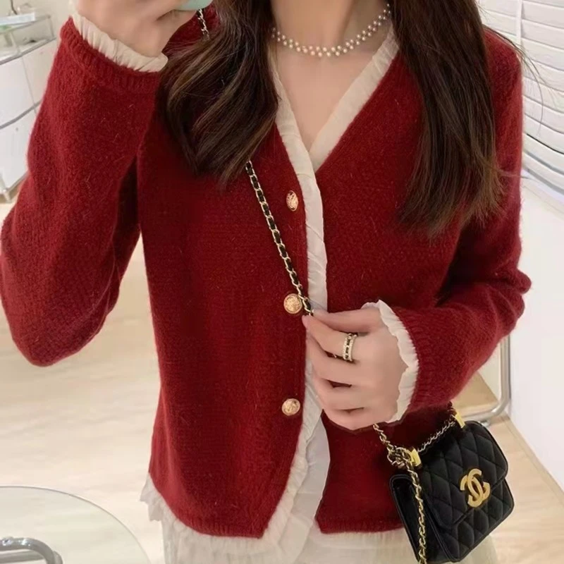 早秋荷叶边小香风开衫亮丝女装v领流苏边修身网红洋气针织气质