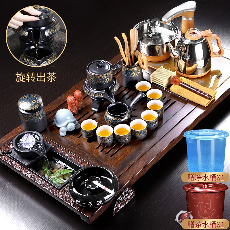唐丰茶具套装家用办公黑檀木茶盘排水泡茶神器茶杯简约茶台整套