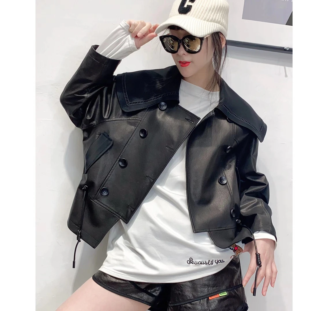 DKDNDIKEDINA春秋洋气时尚百搭短款宽松翻领女装绵羊皮外套 2150