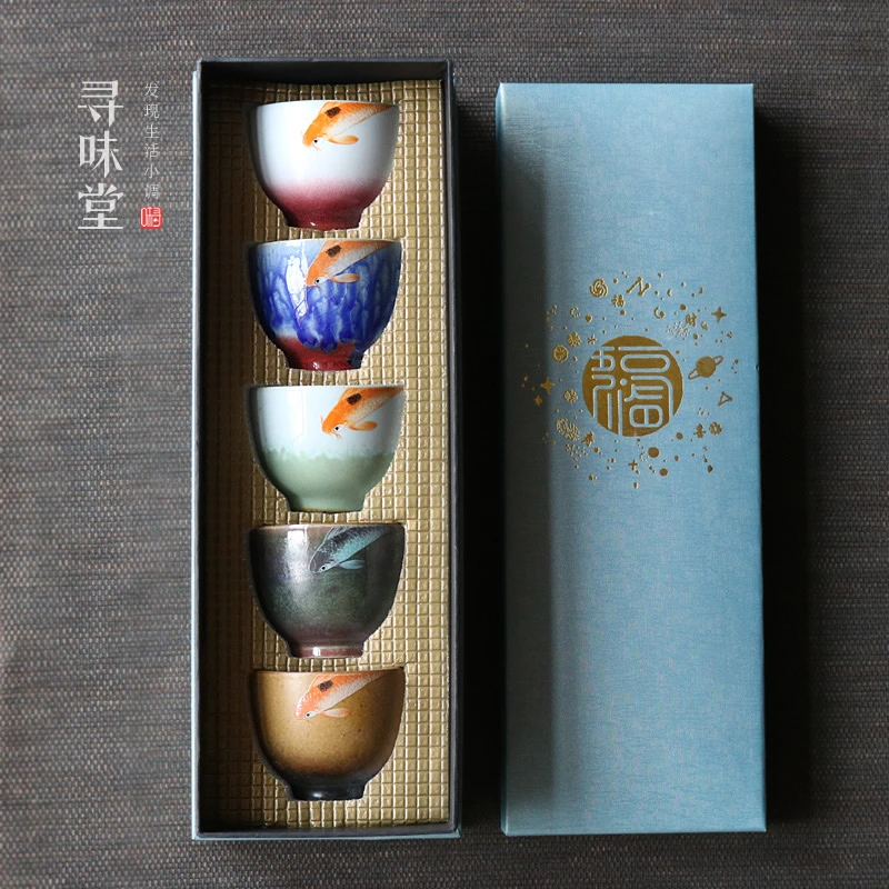 年年有余圆口杯｜品茗杯茶盏单杯鲤鱼小茶杯粗陶五杯套装礼品茶具