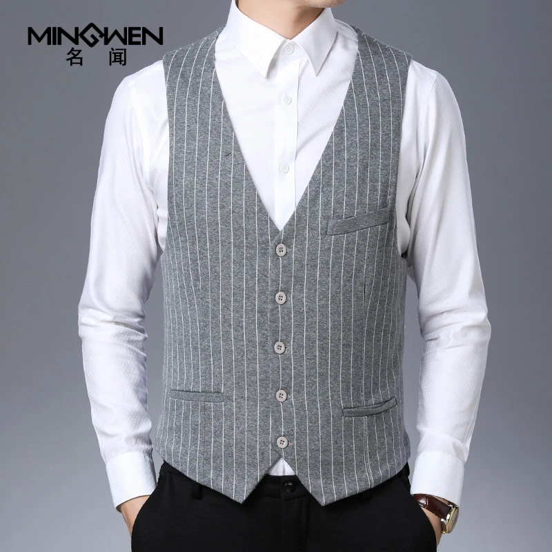 v领西装马甲男桑蚕丝加厚保暖潮流帅气英伦风条纹开衫棉背心马夹