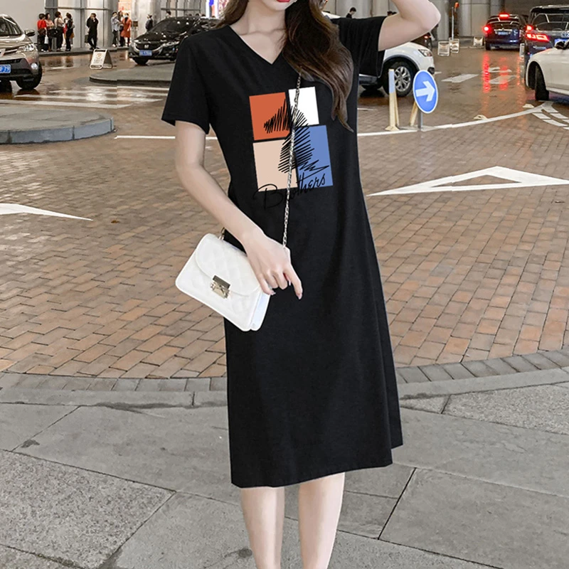 裙子夏季休闲显瘦V领开叉印花中长款T恤裙大码连衣裙