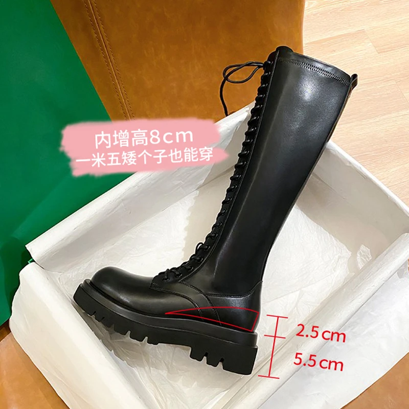 内增高小个子长靴女2024新款秋冬厚底8cm骑士靴长筒靴系带高筒靴