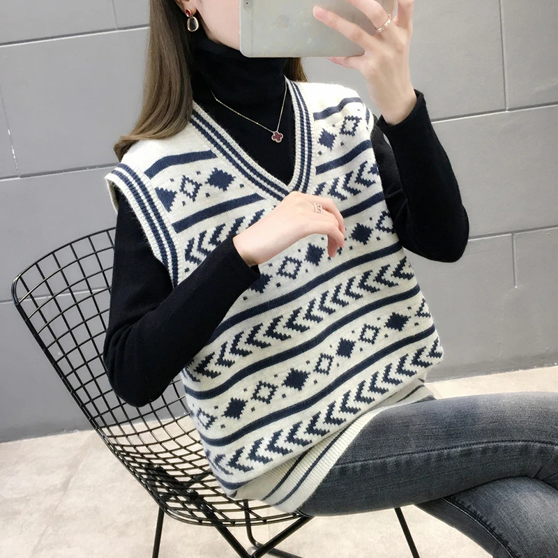 2030【V领几何提花马甲】春季新款女士毛衣无袖背心洋气上衣