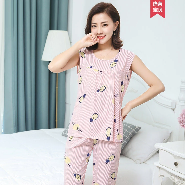 无袖中年夏季女士短裤套装3870薄款宽松睡衣家居服大码外穿加大