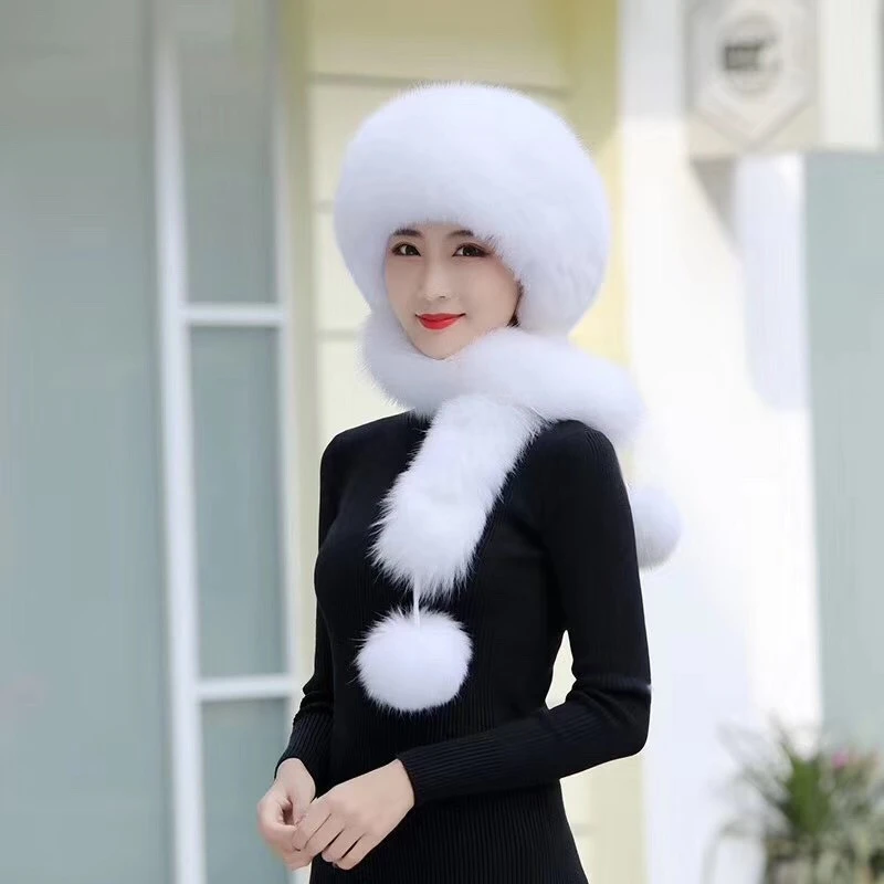 保暖护耳百搭甜美围巾一体公主帽秋洋气女款白色帽狐狸毛帽子防寒