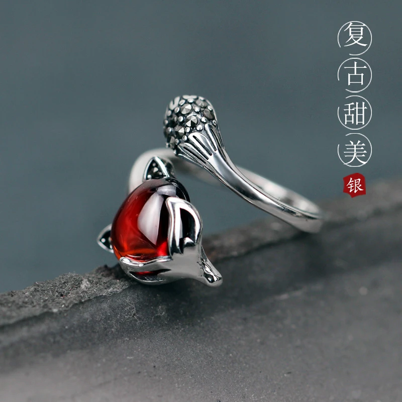 925银莫桑石戒指春晓老银匠狐狸戒指银戒（活口可调节）