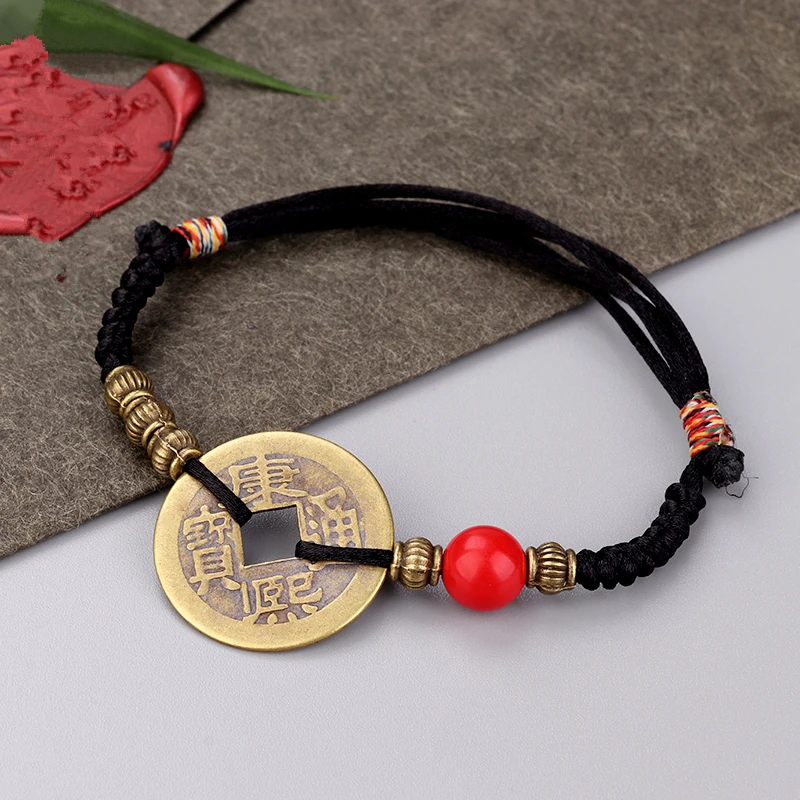 铜合金布艺手链 古币钱手链脚链可伸缩调节红绳男女情侣款手串