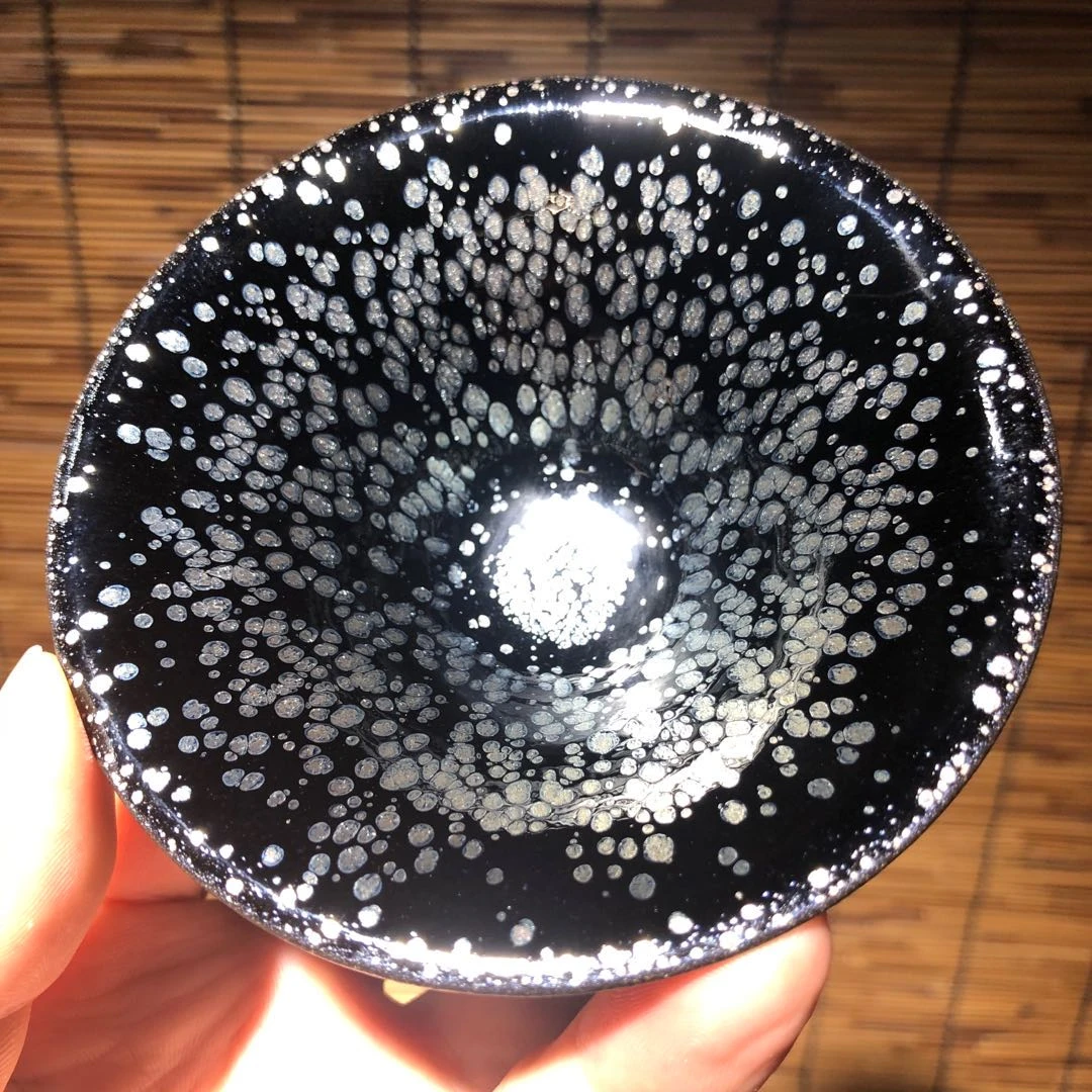 名家驷盏星曜建盏茶杯撇口礼盒装手工铁胎黑底银斑油滴茶盏主人杯