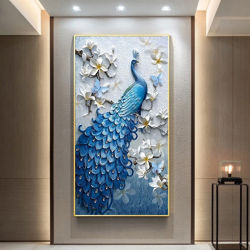 玄关画孔雀20款画面选择镶钻轻奢竖版竖款晶瓷风格设计立体装裱