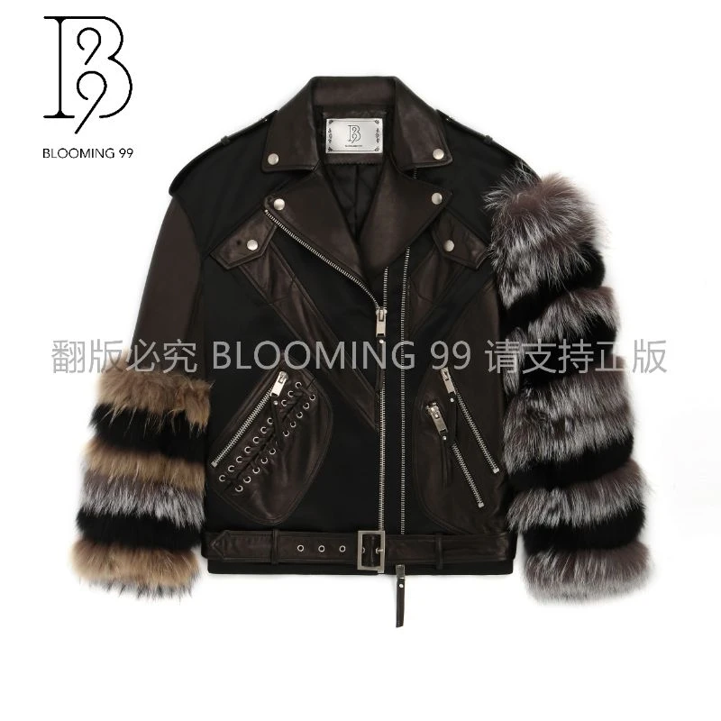 【B99官方旗舰店】时尚皮毛拼接设计师款女装外套定制款17FGW76