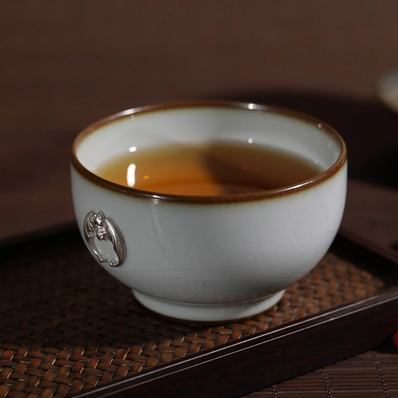 观复博物馆官釉福杯 纯银锔瓷品茗杯茶具茶杯中式主人杯家用 陶瓷