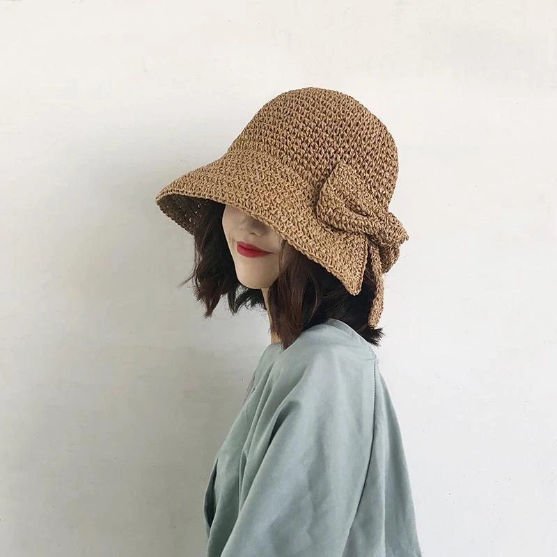 蝴蝶结草帽女夏天防晒帽海边沙滩帽渔夫帽可折叠遮阳帽